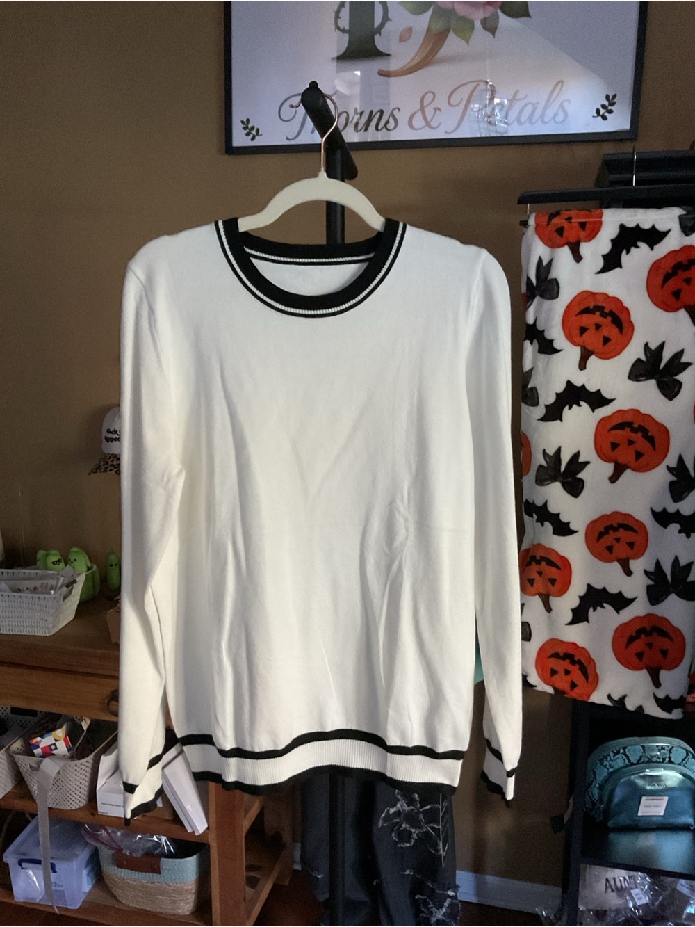 Women's White Crewneck Sweater with Black Trim